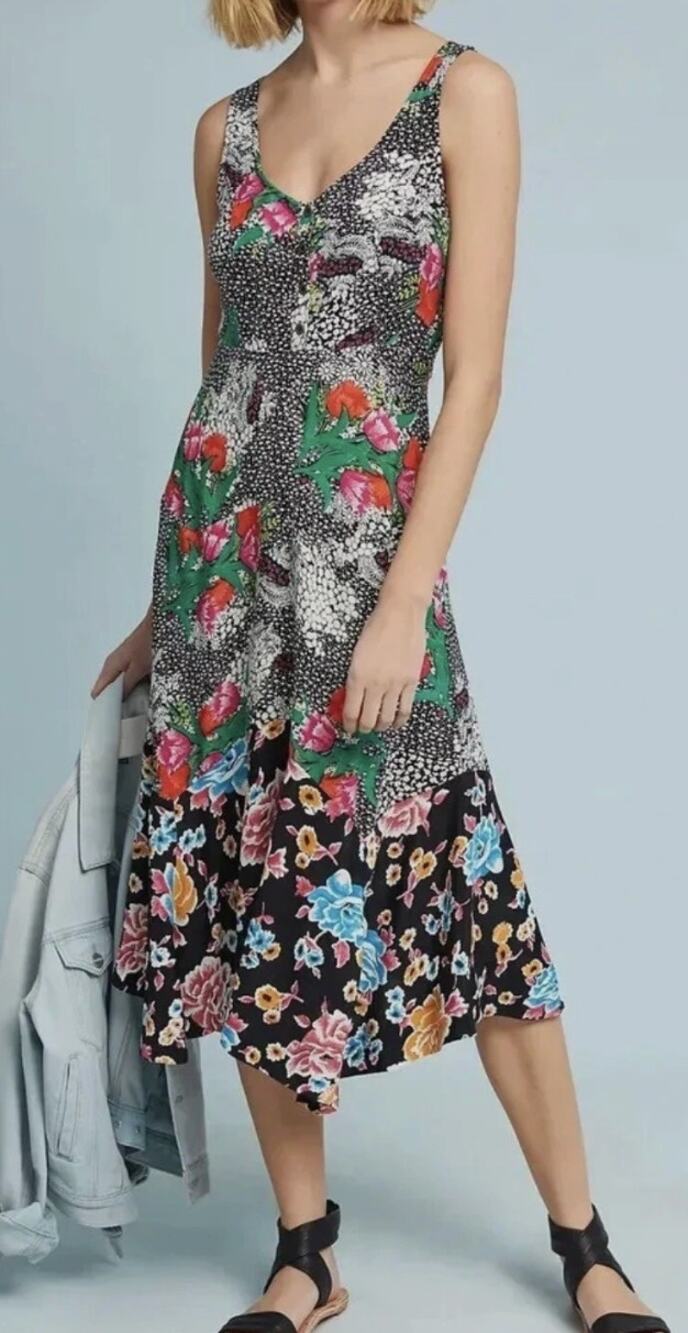 Anthropologie Maeve Violette Mixed Black Floral Midi Tank Dress Size 6